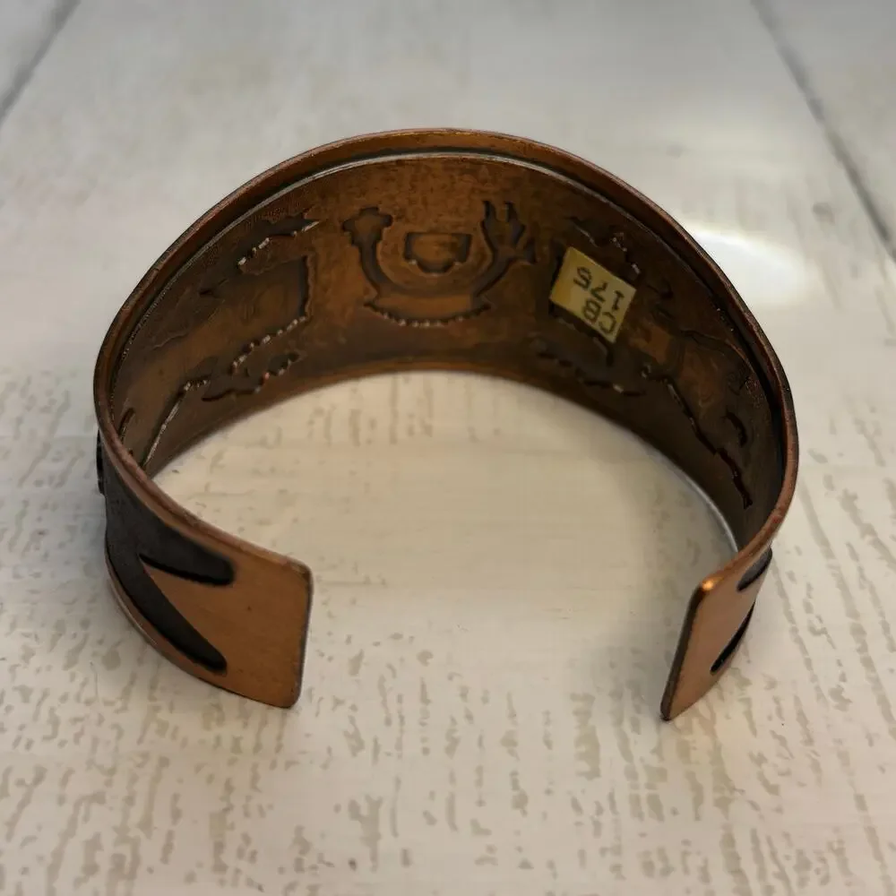Copper Cuff Bracelet with Etched Buffalo Dancer and Rainbow Yei Design